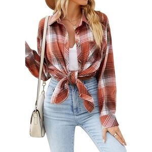 Women's Plaid Flannel Shirt Long‎ Sleeve Button Down Oversized Casual Top